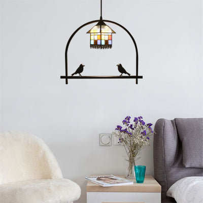 Cafe House Pendant Light with Bird Deco Stained Glass 1 Light Tiffany Ceiling Pendant Black Clearhalo 'Ceiling Lights' 'Industrial' 'Middle Century Pendants' 'Pendant Lights' 'Pendants' 'Tiffany close to ceiling' 'Tiffany Pendants' 'Tiffany' Lighting' 102037