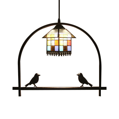 Cafe House Pendant Light with Bird Deco Stained Glass 1 Light Tiffany Ceiling Pendant