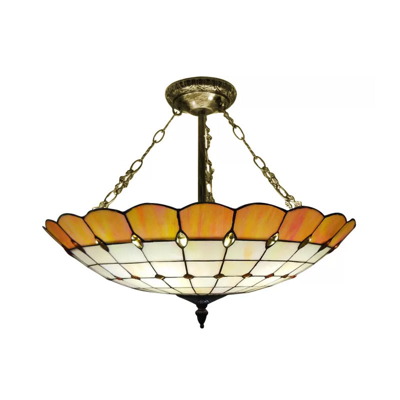 Bedroom Ceiling Light Glass, 4-Light Domed Semi Flush Mount Lighting in Antique Copper Tiffany Style, 8" High x 19.5" in Diameter Orange Clearhalo 'Ceiling Lights' 'Close To Ceiling Lights' 'Close to ceiling' 'Glass shade' 'Glass' 'Semi-flushmount' 'Tiffany close to ceiling' 'Tiffany' Lighting' 10204