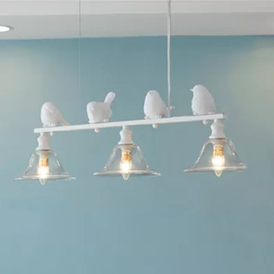 Rustic Cone Shade Island Light with Bird 3 Lights Clear Glass Island Lamp in White for Balcony White Clearhalo 'Ceiling Lights' 'Close To Ceiling Lights' 'Glass shade' 'Glass' 'Island Lights' Lighting' 102055