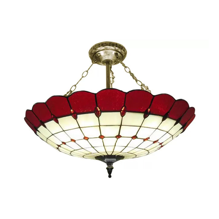 Bedroom Ceiling Light Glass, 4-Light Domed Semi Flush Mount Lighting in Antique Copper Tiffany Style, 8" High x 19.5" in Diameter Red Clearhalo 'Ceiling Lights' 'Close To Ceiling Lights' 'Close to ceiling' 'Glass shade' 'Glass' 'Semi-flushmount' 'Tiffany close to ceiling' 'Tiffany' Lighting' 10206