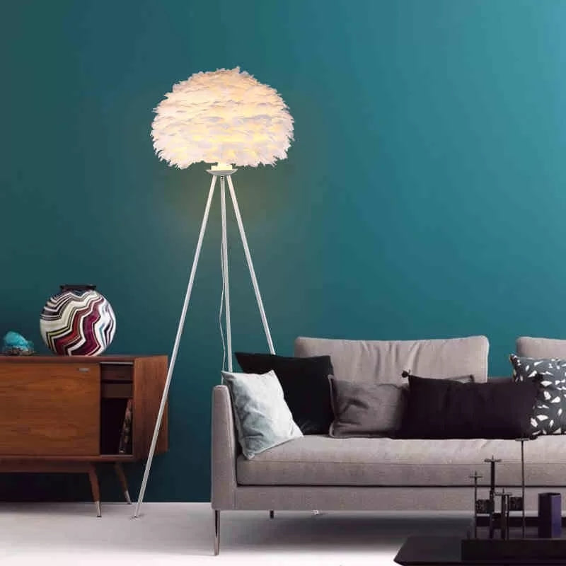 Tripod Living Room Floor Lamp with Orb Shade Feather Pretty Floor Light in White White Clearhalo 'Floor Lamps' 'Lamps' Lighting' 102078