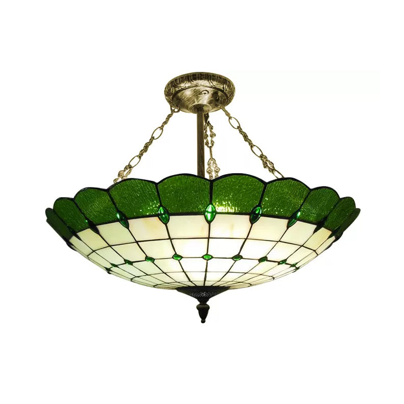 Bedroom Ceiling Light Glass, 4-Light Domed Semi Flush Mount Lighting in Antique Copper Tiffany Style, 8" High x 19.5" in Diameter Green Clearhalo 'Ceiling Lights' 'Close To Ceiling Lights' 'Close to ceiling' 'Glass shade' 'Glass' 'Semi-flushmount' 'Tiffany close to ceiling' 'Tiffany' Lighting' 10208