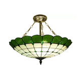 Bedroom Ceiling Light Glass, 4-Light Domed Semi Flush Mount Lighting in Antique Copper Tiffany Style, 8" High x 19.5" in Diameter Green Clearhalo 'Ceiling Lights' 'Close To Ceiling Lights' 'Close to ceiling' 'Glass shade' 'Glass' 'Semi-flushmount' 'Tiffany close to ceiling' 'Tiffany' Lighting' 10208