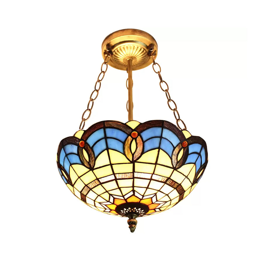 Stained Glass Ceiling Light for Bedroom with Chain, Bowl Semi Flush Mount Lighting Baroque Style Blue 12" Clearhalo 'Ceiling Lights' 'Close To Ceiling Lights' 'Close to ceiling' 'Glass shade' 'Glass' 'Semi-flushmount' 'Tiffany close to ceiling' 'Tiffany' Lighting' 10211