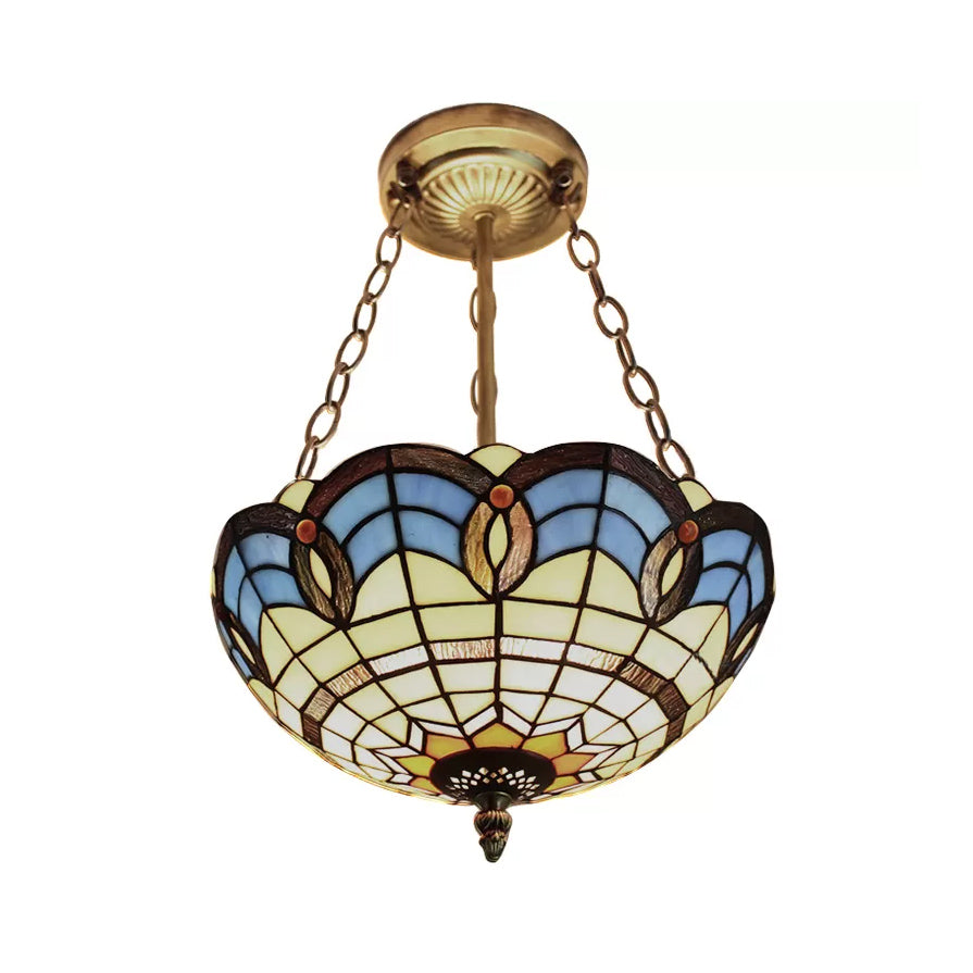 Stained Glass Ceiling Light for Bedroom with Chain, Bowl Semi Flush Mount Lighting Baroque Style Clearhalo 'Ceiling Lights' 'Close To Ceiling Lights' 'Close to ceiling' 'Glass shade' 'Glass' 'Semi-flushmount' 'Tiffany close to ceiling' 'Tiffany' Lighting' 10212