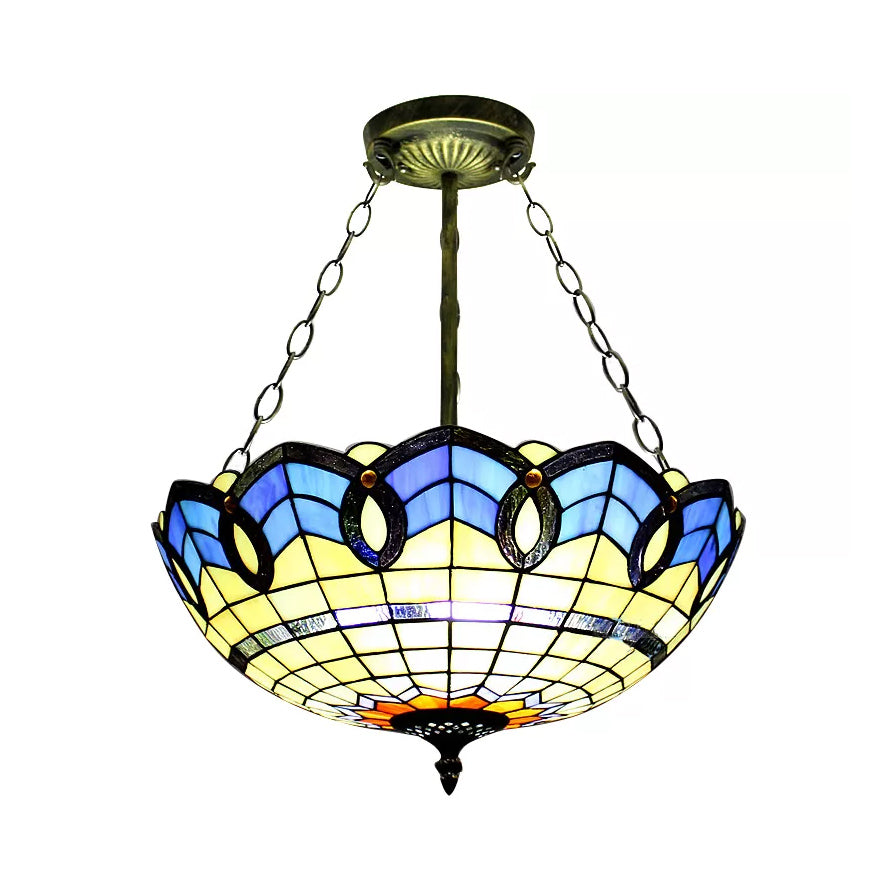 Stained Glass Ceiling Light for Bedroom with Chain, Bowl Semi Flush Mount Lighting Baroque Style Blue 16" Clearhalo 'Ceiling Lights' 'Close To Ceiling Lights' 'Close to ceiling' 'Glass shade' 'Glass' 'Semi-flushmount' 'Tiffany close to ceiling' 'Tiffany' Lighting' 10213