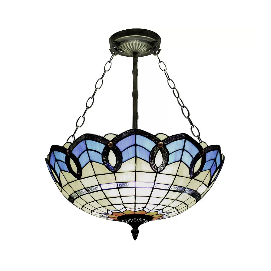 Stained Glass Ceiling Light for Bedroom with Chain, Bowl Semi Flush Mount Lighting Baroque Style Clearhalo 'Ceiling Lights' 'Close To Ceiling Lights' 'Close to ceiling' 'Glass shade' 'Glass' 'Semi-flushmount' 'Tiffany close to ceiling' 'Tiffany' Lighting' 10214