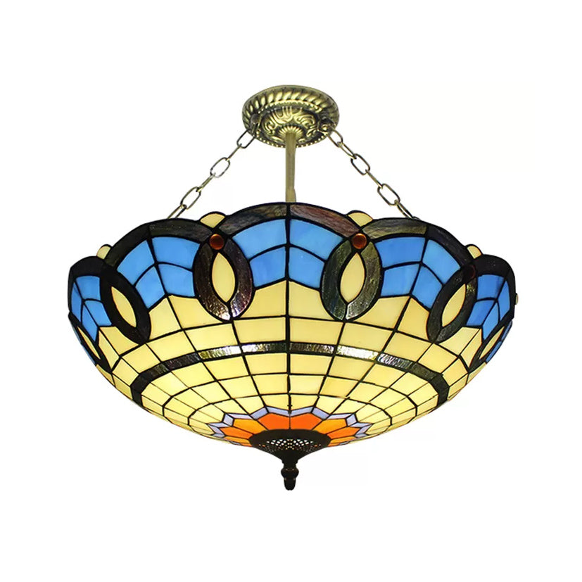 Stained Glass Ceiling Light for Bedroom with Chain, Bowl Semi Flush Mount Lighting Baroque Style Blue 19.5" Clearhalo 'Ceiling Lights' 'Close To Ceiling Lights' 'Close to ceiling' 'Glass shade' 'Glass' 'Semi-flushmount' 'Tiffany close to ceiling' 'Tiffany' Lighting' 10215