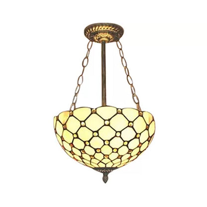 Bedroom Ceiling Light LED, Jeweled Semi Flush Mount Lighting in Antique Brass with Chain and Art Glass Shade Tiffany Style Beige 12" Clearhalo 'Ceiling Lights' 'Close To Ceiling Lights' 'Close to ceiling' 'Glass shade' 'Glass' 'Semi-flushmount' 'Tiffany close to ceiling' 'Tiffany' Lighting' 10218