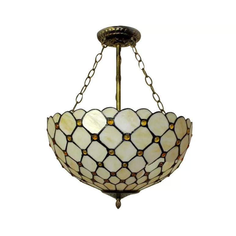 Bedroom Ceiling Light LED, Jeweled Semi Flush Mount Lighting in Antique Brass with Chain and Art Glass Shade Tiffany Style Clearhalo 'Ceiling Lights' 'Close To Ceiling Lights' 'Close to ceiling' 'Glass shade' 'Glass' 'Semi-flushmount' 'Tiffany close to ceiling' 'Tiffany' Lighting' 10221