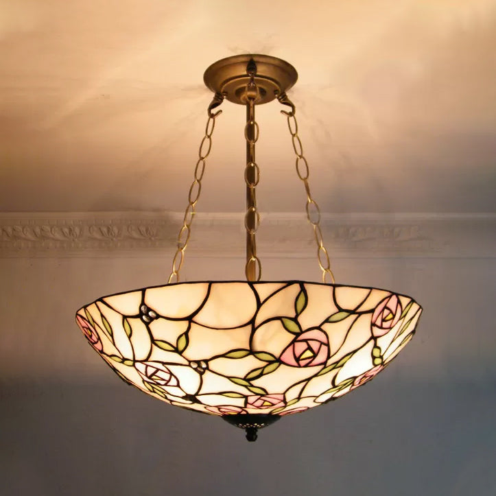 Tiffany Ceiling Lights LED, 3-Light Stained Glass Domed Semi Flush Light in Aged Brass with Chain and Rose Pattern White Rose Clearhalo 'Ceiling Lights' 'Close To Ceiling Lights' 'Close to ceiling' 'Glass shade' 'Glass' 'Pendant Lights' 'Semi-flushmount' 'Tiffany close to ceiling' 'Tiffany' Lighting' 10224