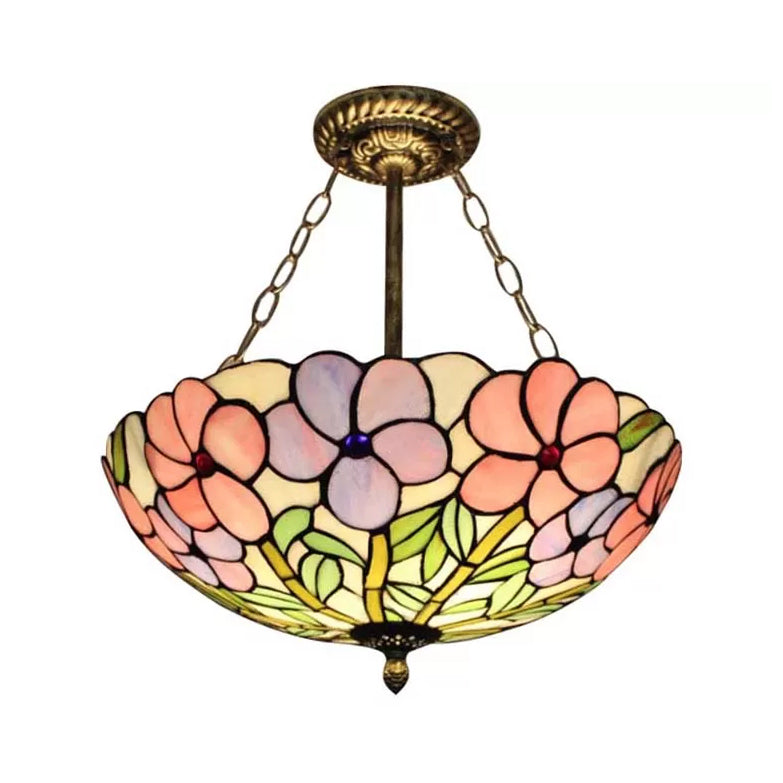 Tiffany Ceiling Lights LED, 3-Light Stained Glass Domed Semi Flush Light in Aged Brass with Chain and Rose Pattern White Morning Glory Clearhalo 'Ceiling Lights' 'Close To Ceiling Lights' 'Close to ceiling' 'Glass shade' 'Glass' 'Pendant Lights' 'Semi-flushmount' 'Tiffany close to ceiling' 'Tiffany' Lighting' 10225