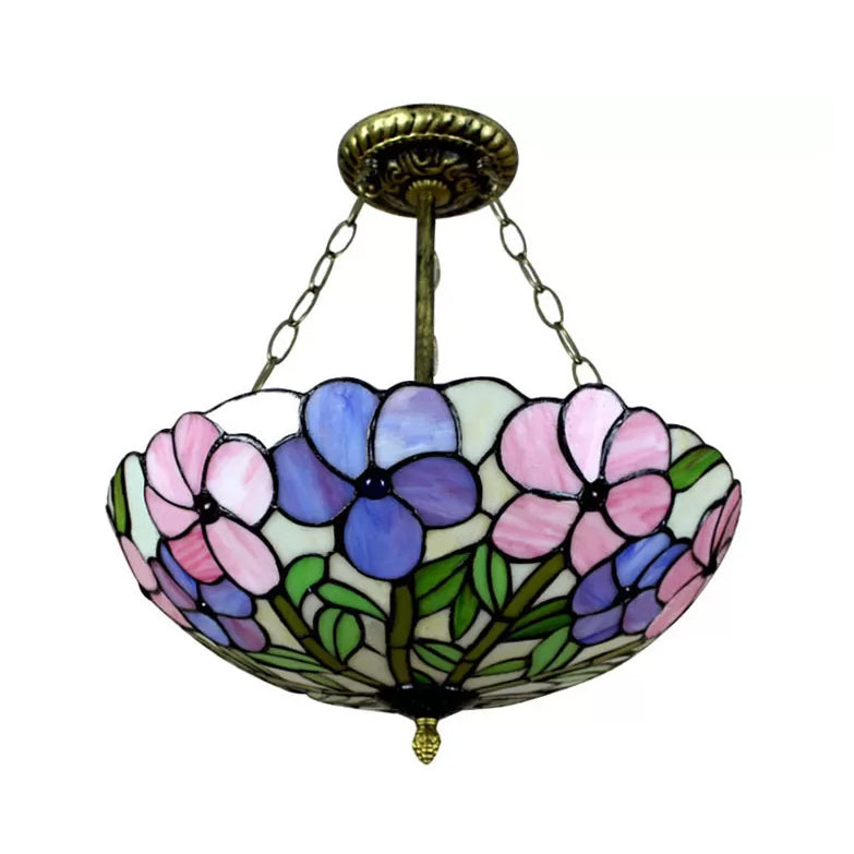 Tiffany Ceiling Lights LED, 3-Light Stained Glass Domed Semi Flush Light in Aged Brass with Chain and Rose Pattern Clearhalo 'Ceiling Lights' 'Close To Ceiling Lights' 'Close to ceiling' 'Glass shade' 'Glass' 'Pendant Lights' 'Semi-flushmount' 'Tiffany close to ceiling' 'Tiffany' Lighting' 10226