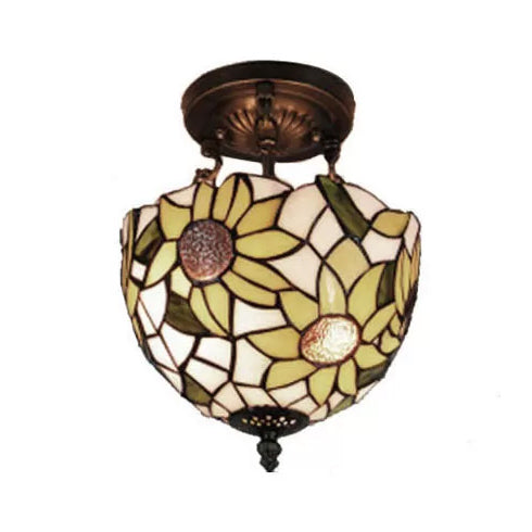 Bedroom Ceiling Light Tiffany, Sunflower Semi Flush Light with Rod and Stained Glass Shade Clearhalo 'Ceiling Lights' 'Close To Ceiling Lights' 'Close to ceiling' 'Glass shade' 'Glass' 'Semi-flushmount' 'Tiffany close to ceiling' 'Tiffany' Lighting' 10229