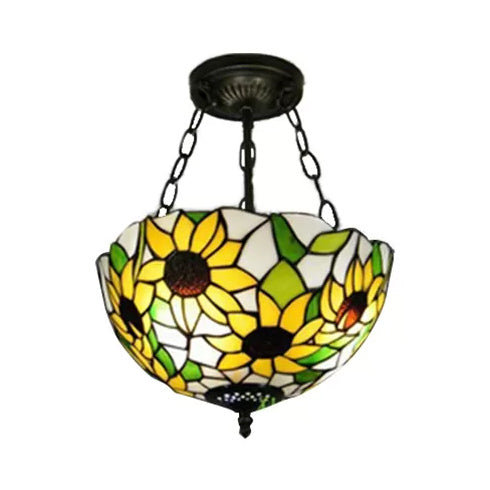 Bedroom Ceiling Light Tiffany, Sunflower Semi Flush Light with Rod and Stained Glass Shade Black 12" Clearhalo 'Ceiling Lights' 'Close To Ceiling Lights' 'Close to ceiling' 'Glass shade' 'Glass' 'Semi-flushmount' 'Tiffany close to ceiling' 'Tiffany' Lighting' 10230