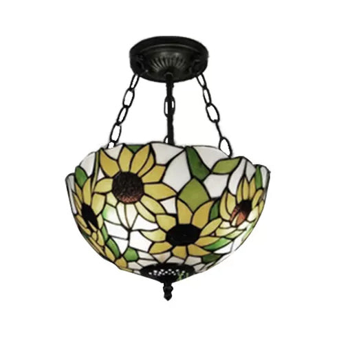 Bedroom Ceiling Light Tiffany, Sunflower Semi Flush Light with Rod and Stained Glass Shade Clearhalo 'Ceiling Lights' 'Close To Ceiling Lights' 'Close to ceiling' 'Glass shade' 'Glass' 'Semi-flushmount' 'Tiffany close to ceiling' 'Tiffany' Lighting' 10231