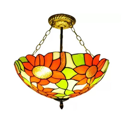 Bedroom Ceiling Light Tiffany, Sunflower Semi Flush Light with Rod and Stained Glass Shade Brass 19.5" Clearhalo 'Ceiling Lights' 'Close To Ceiling Lights' 'Close to ceiling' 'Glass shade' 'Glass' 'Semi-flushmount' 'Tiffany close to ceiling' 'Tiffany' Lighting' 10232