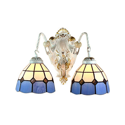 White 2 Heads Sconce Lighting Tiffany White-Blue Glass Grid Patterned Wall Mount Light White Clearhalo 'Industrial' 'Middle century wall lights' 'Tiffany wall lights' 'Tiffany' 'Wall Lamps & Sconces' 'Wall Lights' Lighting' 102320