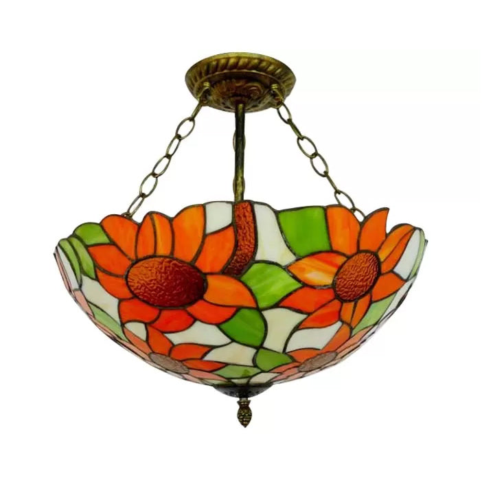 Bedroom Ceiling Light Tiffany, Sunflower Semi Flush Light with Rod and Stained Glass Shade Clearhalo 'Ceiling Lights' 'Close To Ceiling Lights' 'Close to ceiling' 'Glass shade' 'Glass' 'Semi-flushmount' 'Tiffany close to ceiling' 'Tiffany' Lighting' 10233