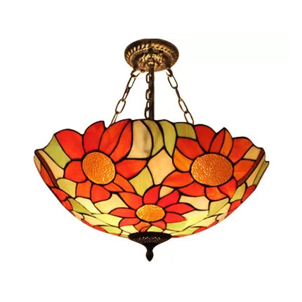 Bedroom Ceiling Light Tiffany, Sunflower Semi Flush Light with Rod and Stained Glass Shade Antique Brass 16" Clearhalo 'Ceiling Lights' 'Close To Ceiling Lights' 'Close to ceiling' 'Glass shade' 'Glass' 'Semi-flushmount' 'Tiffany close to ceiling' 'Tiffany' Lighting' 10234