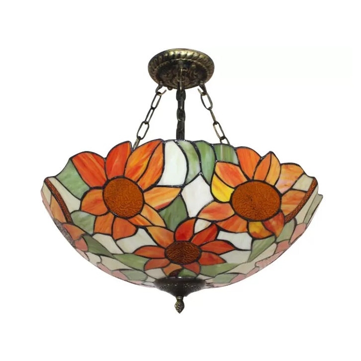 Bedroom Ceiling Light Tiffany, Sunflower Semi Flush Light with Rod and Stained Glass Shade Clearhalo 'Ceiling Lights' 'Close To Ceiling Lights' 'Close to ceiling' 'Glass shade' 'Glass' 'Semi-flushmount' 'Tiffany close to ceiling' 'Tiffany' Lighting' 10235