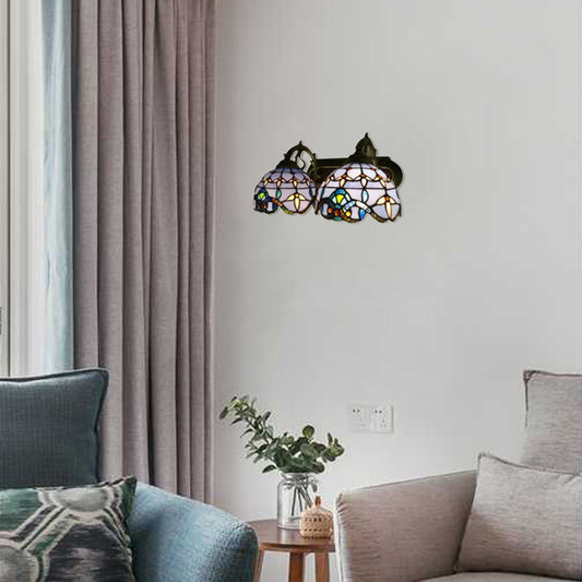2 Heads Dome Sconce Lighting Baroque Purple Stained Glass Wall Mounted Light for Living Room Purple Clearhalo 'Industrial' 'Middle century wall lights' 'Tiffany wall lights' 'Tiffany' 'Wall Lamps & Sconces' 'Wall Lights' Lighting' 102419