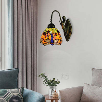 Orange Dome Sconce Light Baroque 1 Head Stained Glass Wall Light Fixture with Dragonfly Pattern Orange Clearhalo 'Industrial' 'Middle century wall lights' 'Tiffany wall lights' 'Tiffany' 'Wall Lamps & Sconces' 'Wall Lights' Lighting' 102425