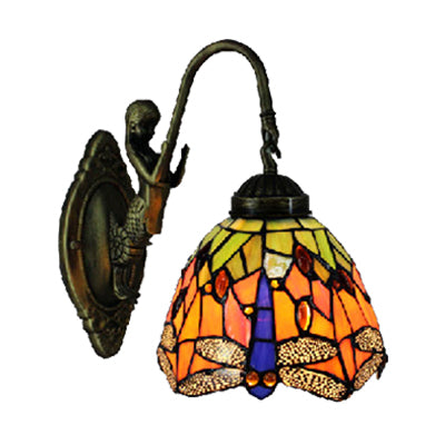 Orange Dome Sconce Light Baroque 1 Head Stained Glass Wall Light Fixture with Dragonfly Pattern Clearhalo 'Industrial' 'Middle century wall lights' 'Tiffany wall lights' 'Tiffany' 'Wall Lamps & Sconces' 'Wall Lights' Lighting' 102426
