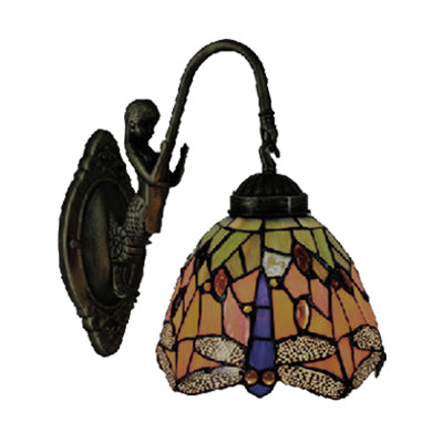 Orange Dome Sconce Light Baroque 1 Head Stained Glass Wall Light Fixture with Dragonfly Pattern Clearhalo 'Industrial' 'Middle century wall lights' 'Tiffany wall lights' 'Tiffany' 'Wall Lamps & Sconces' 'Wall Lights' Lighting' 102427