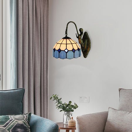 Blue Dome Sconce Light Mediterranean 1 Head White Glass Wall Mount Light with Mermaid Decoration Blue Clearhalo 'Industrial' 'Middle century wall lights' 'Tiffany wall lights' 'Tiffany' 'Wall Lamps & Sconces' 'Wall Lights' Lighting' 102438