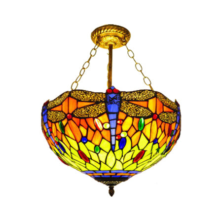 Baroque Style Ceiling Lighting LED, Dragonfly Semi Flush Light in Aged Brass with Stained Glass Shade for Bedroom Orange 16" Clearhalo 'Ceiling Lights' 'Close To Ceiling Lights' 'Close to ceiling' 'Glass shade' 'Glass' 'Semi-flushmount' 'Tiffany close to ceiling' 'Tiffany' Lighting' 10245