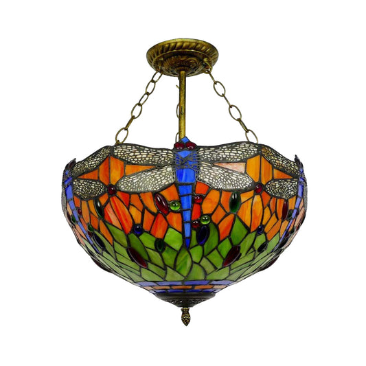 Baroque Style Ceiling Lighting LED, Dragonfly Semi Flush Light in Aged Brass with Stained Glass Shade for Bedroom Clearhalo 'Ceiling Lights' 'Close To Ceiling Lights' 'Close to ceiling' 'Glass shade' 'Glass' 'Semi-flushmount' 'Tiffany close to ceiling' 'Tiffany' Lighting' 10246
