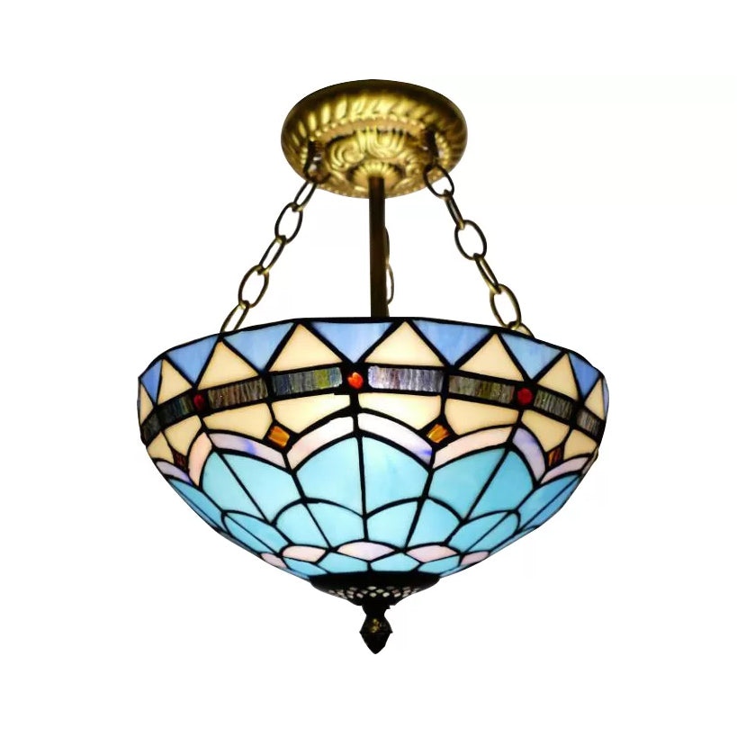 Stained Glass Ceiling Lighting, Tiffany Blue Bowl Semi Flush Light in Antique Brass with Rod Blue 12" Clearhalo 'Ceiling Lights' 'Close To Ceiling Lights' 'Close to ceiling' 'Glass shade' 'Glass' 'Semi-flushmount' 'Tiffany close to ceiling' 'Tiffany' Lighting' 10248