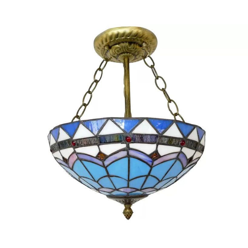 Stained Glass Ceiling Lighting, Tiffany Blue Bowl Semi Flush Light in Antique Brass with Rod Clearhalo 'Ceiling Lights' 'Close To Ceiling Lights' 'Close to ceiling' 'Glass shade' 'Glass' 'Semi-flushmount' 'Tiffany close to ceiling' 'Tiffany' Lighting' 10249
