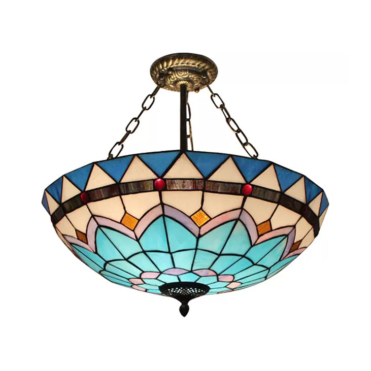 Stained Glass Ceiling Lighting, Tiffany Blue Bowl Semi Flush Light in Antique Brass with Rod Blue 23.5" Clearhalo 'Ceiling Lights' 'Close To Ceiling Lights' 'Close to ceiling' 'Glass shade' 'Glass' 'Semi-flushmount' 'Tiffany close to ceiling' 'Tiffany' Lighting' 10250