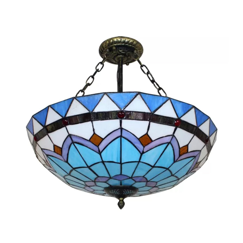 Stained Glass Ceiling Lighting, Tiffany Blue Bowl Semi Flush Light in Antique Brass with Rod Clearhalo 'Ceiling Lights' 'Close To Ceiling Lights' 'Close to ceiling' 'Glass shade' 'Glass' 'Semi-flushmount' 'Tiffany close to ceiling' 'Tiffany' Lighting' 10251