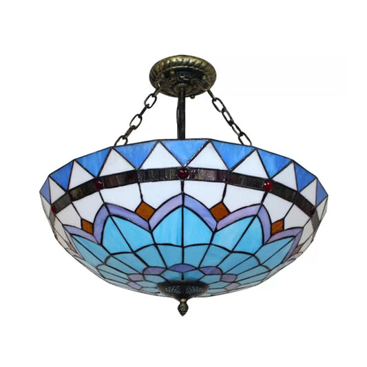 Stained Glass Ceiling Lighting, Tiffany Blue Bowl Semi Flush Light in Antique Brass with Rod Clearhalo 'Ceiling Lights' 'Close To Ceiling Lights' 'Close to ceiling' 'Glass shade' 'Glass' 'Semi-flushmount' 'Tiffany close to ceiling' 'Tiffany' Lighting' 10251