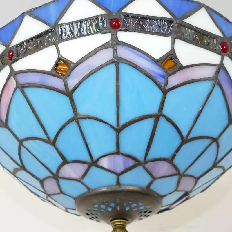 Stained Glass Ceiling Lighting, Tiffany Blue Bowl Semi Flush Light in Antique Brass with Rod Clearhalo 'Ceiling Lights' 'Close To Ceiling Lights' 'Close to ceiling' 'Glass shade' 'Glass' 'Semi-flushmount' 'Tiffany close to ceiling' 'Tiffany' Lighting' 10252