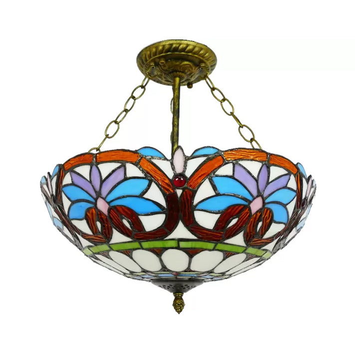 Bedroom Ceiling Light LED, Inverted Bowl Semi Flush Light in Antique Brass Victorian Style Clearhalo 'Ceiling Lights' 'Close To Ceiling Lights' 'Close to ceiling' 'Glass shade' 'Glass' 'Semi-flushmount' 'Tiffany close to ceiling' 'Tiffany' Lighting' 10257