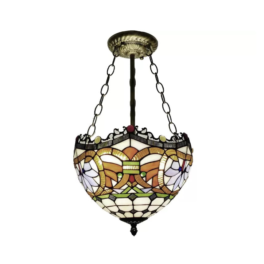 Bedroom Ceiling Light LED, Inverted Bowl Semi Flush Light in Antique Brass Victorian Style Clearhalo 'Ceiling Lights' 'Close To Ceiling Lights' 'Close to ceiling' 'Glass shade' 'Glass' 'Semi-flushmount' 'Tiffany close to ceiling' 'Tiffany' Lighting' 10259