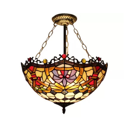 Bedroom Ceiling Light LED, Inverted Bowl Semi Flush Light in Antique Brass Victorian Style Bronze 16" Clearhalo 'Ceiling Lights' 'Close To Ceiling Lights' 'Close to ceiling' 'Glass shade' 'Glass' 'Semi-flushmount' 'Tiffany close to ceiling' 'Tiffany' Lighting' 10260