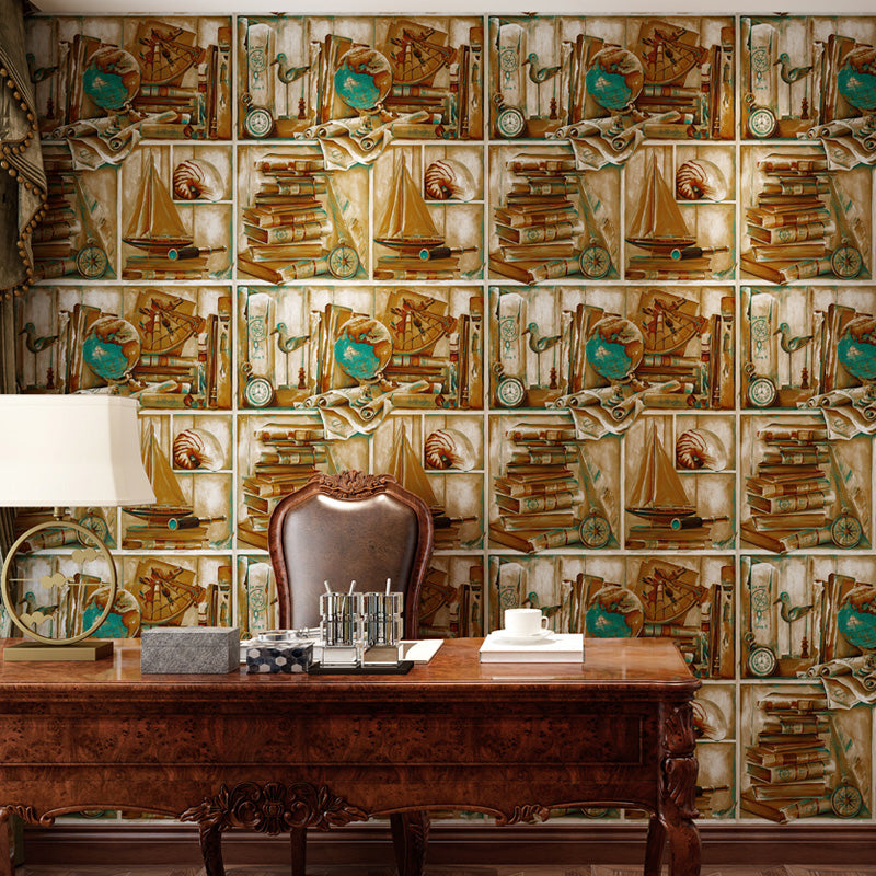 Pastel Color Retro Wall Decor 20.5"W x 33'L Sailing Boat and Books Wallpaper for Living Room Dark Yellow Clearhalo 'Industrial wall decor' 'Industrial' 'Wallpaper' Wall Decor' 1026096