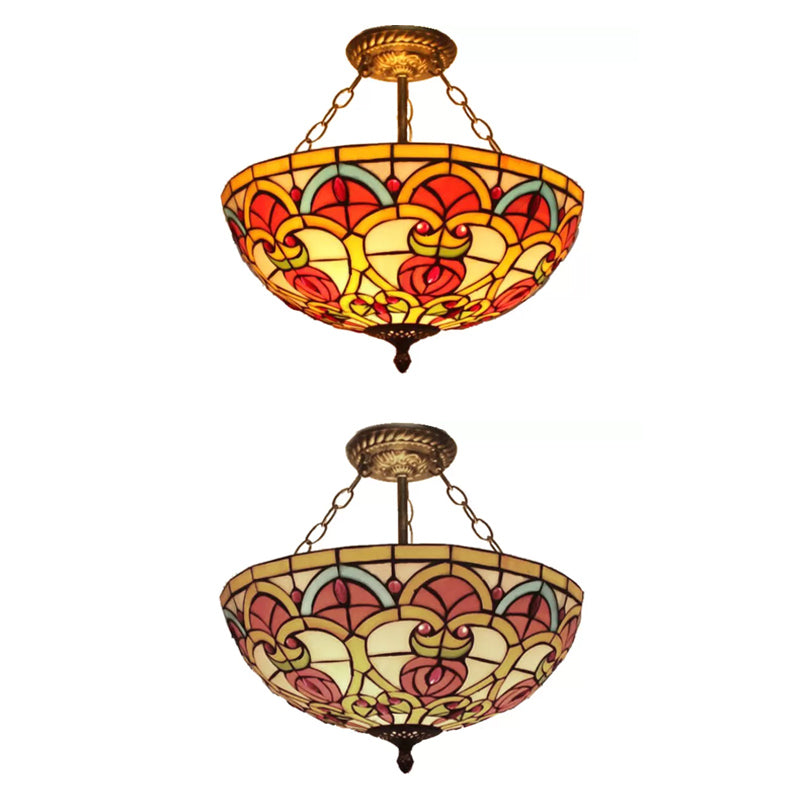Stained Glass Ceiling Light Fixture, Semi Flush Mount Lighting for Bedroom Baroque Style Clearhalo 'Ceiling Lights' 'Close To Ceiling Lights' 'Close to ceiling' 'Glass shade' 'Glass' 'Island Lights' 'Semi-flushmount' 'Tiffany close to ceiling' 'Tiffany' Lighting' 10262