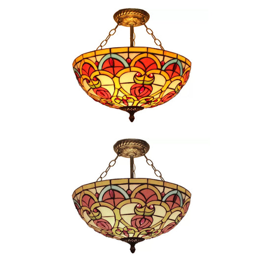 Stained Glass Ceiling Light Fixture, Semi Flush Mount Lighting for Bedroom Baroque Style Clearhalo 'Ceiling Lights' 'Close To Ceiling Lights' 'Close to ceiling' 'Glass shade' 'Glass' 'Island Lights' 'Semi-flushmount' 'Tiffany close to ceiling' 'Tiffany' Lighting' 10262