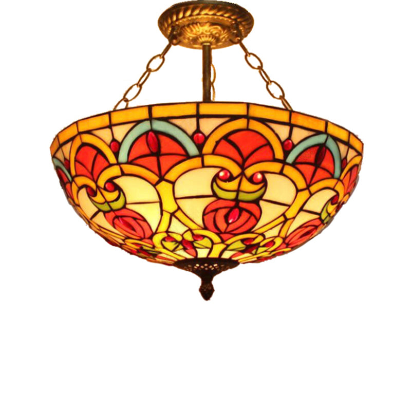 Stained Glass Ceiling Light Fixture, Semi Flush Mount Lighting for Bedroom Baroque Style Clearhalo 'Ceiling Lights' 'Close To Ceiling Lights' 'Close to ceiling' 'Glass shade' 'Glass' 'Island Lights' 'Semi-flushmount' 'Tiffany close to ceiling' 'Tiffany' Lighting' 10264
