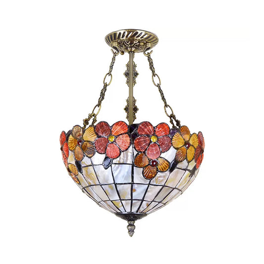 Bedroom Ceiling Lighting LED, Floral Semi Flush Light in Aged Brass with Rod and Art Glass Shade Tiffany Style Clearhalo 'Ceiling Lights' 'Close To Ceiling Lights' 'Close to ceiling' 'Semi-flushmount' 'Tiffany close to ceiling' 'Tiffany' Lighting' 10266