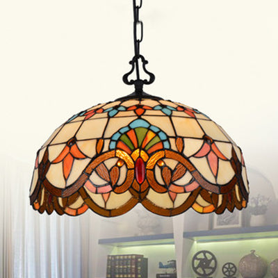 Victorian Domed Ceiling Pendant Light Stained Glass Single Pendant Lighting with Hanging Chain Orange Clearhalo 'Ceiling Lights' 'Industrial' 'Middle Century Pendants' 'Pendant Lights' 'Pendants' 'Tiffany close to ceiling' 'Tiffany Pendants' 'Tiffany' Lighting' 102734