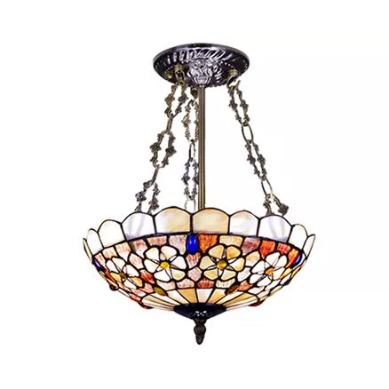 LED Bedroom Ceiling Light, 3 Lights Hollow-out Semi Flush Light in Aged Brass with Rod and Art Glass Shade Tiffany Style Beige 16" Clearhalo 'Ceiling Lights' 'Close To Ceiling Lights' 'Close to ceiling' 'Semi-flushmount' 'Tiffany close to ceiling' 'Tiffany' Lighting' 10273