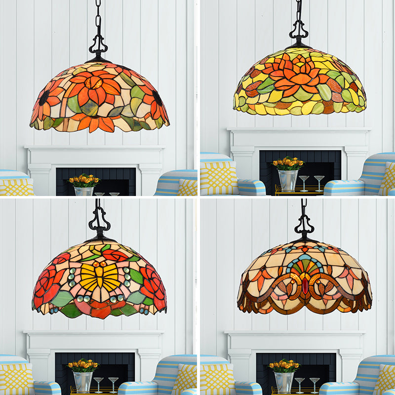 Tiffany-Style Stained Glass Pendant Lighting Dome 1 Head Hanging Light Fixture in Black with Victorian/Butterfly/Sunflower Pattern Clearhalo 'Ceiling Lights' 'Industrial' 'Middle Century Pendants' 'Pendant Lights' 'Pendants' 'Tiffany close to ceiling' 'Tiffany Pendants' 'Tiffany' Lighting' 102753